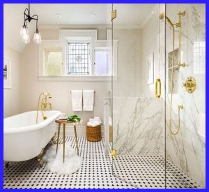 Mẫu phòng tắm kính đẹp sử dụng bộ phụ kiện inox vàng sang trọng