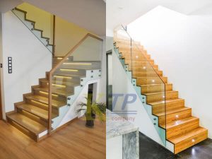 Hai mẫu cầu thang kính cường lực sử dụng ốc kính đẹp