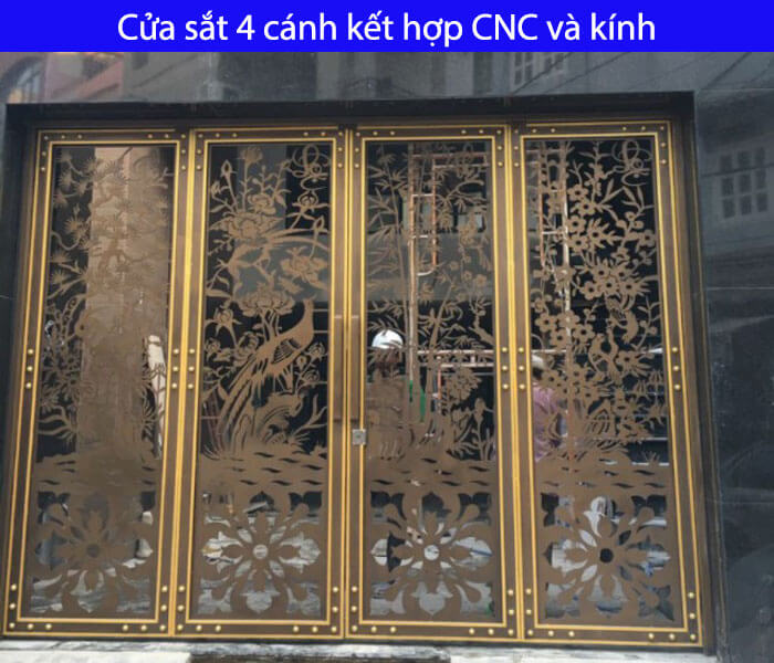Cửa sắt 4 cánh kết hợp CNC và kính
