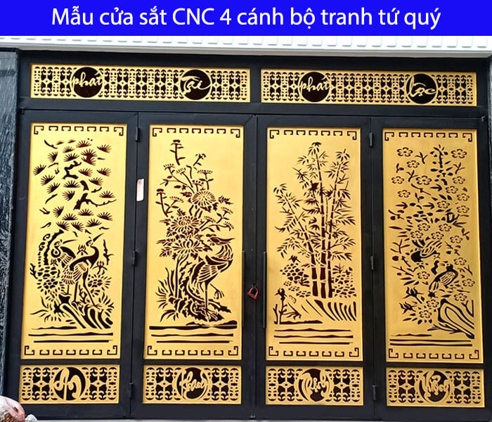 Mẫu cửa sắt CNC 4 cánh bộ tranh tứ quý
