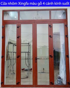 Cửa nhôm Xingfa màu gỗ 4 cánh kính suốt