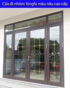 Cửa đi nhôm Xingfa màu nâu cao cấp có nan trang trí