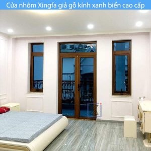 Cửa nhôm Xingfa giả gỗ kính xanh biển cao cấp