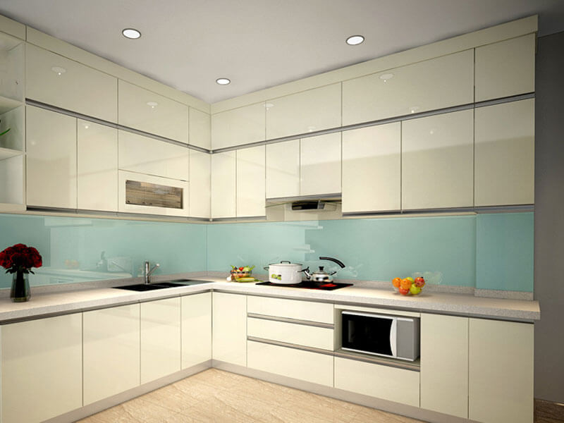 Tủ bếp nhựa chữ L acrylic sáng bóng