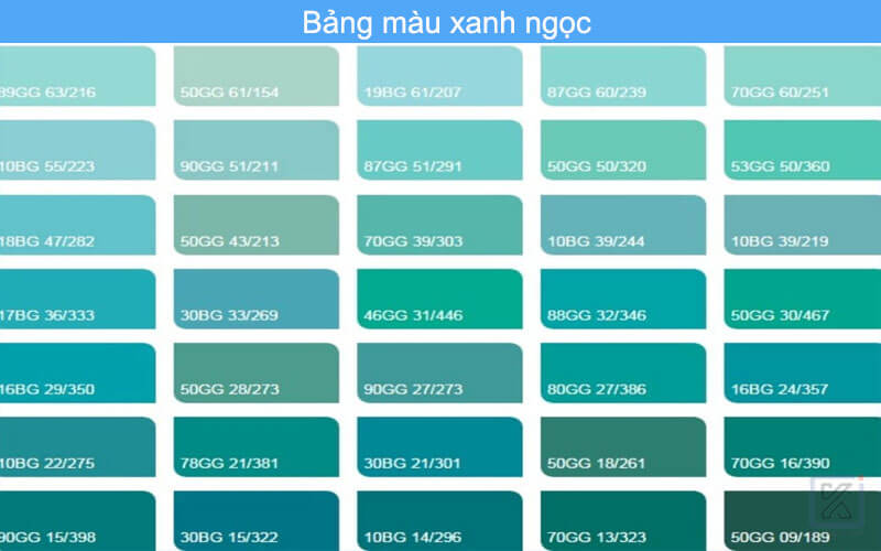 Bảng màu xanh ngọc theo các sắc độ khác nhau