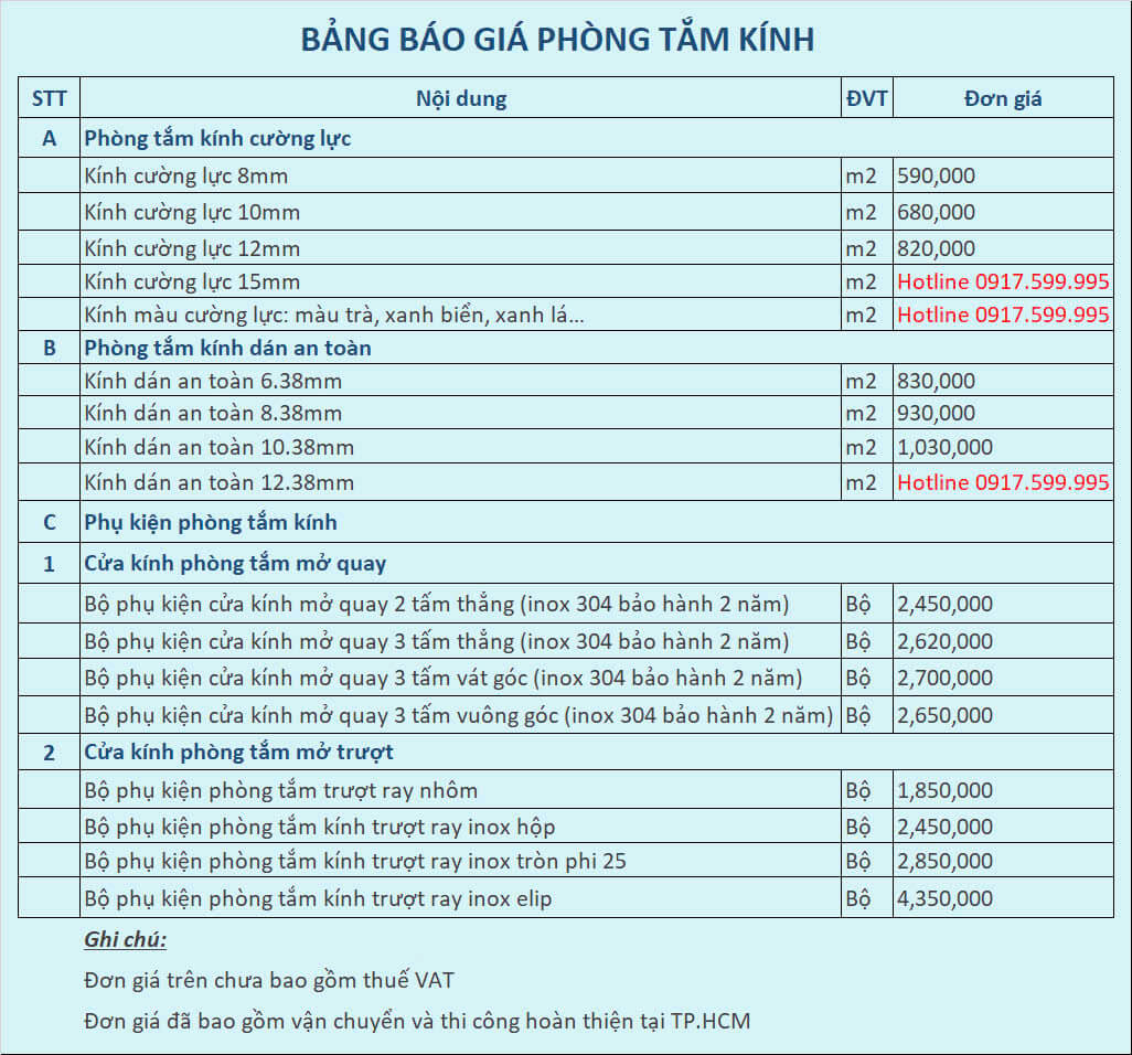 Báo giá phòng tắm kính vách tắm kính